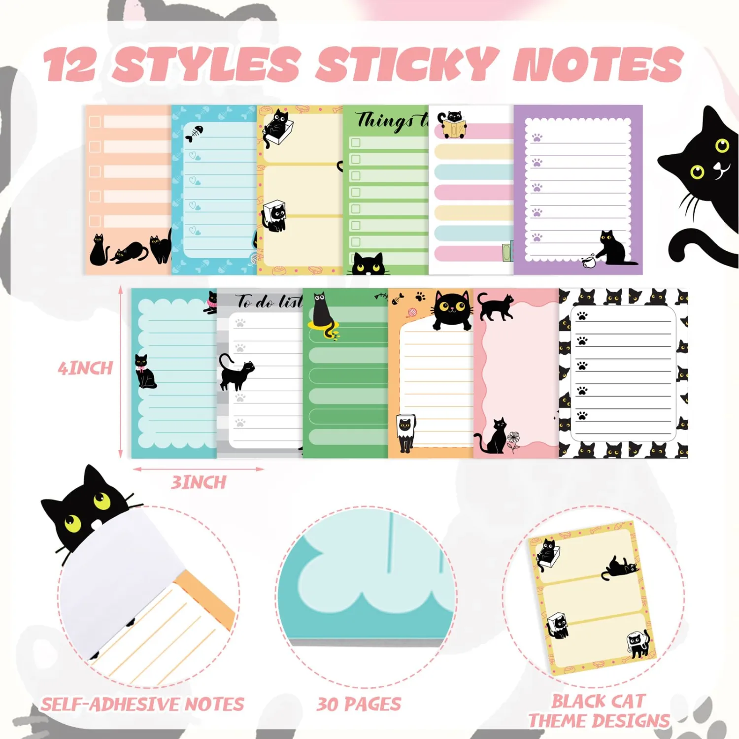 Chiisong 12 Pads Black Cat Sticky Notes, 3" x 4, ", Cat Notepad
