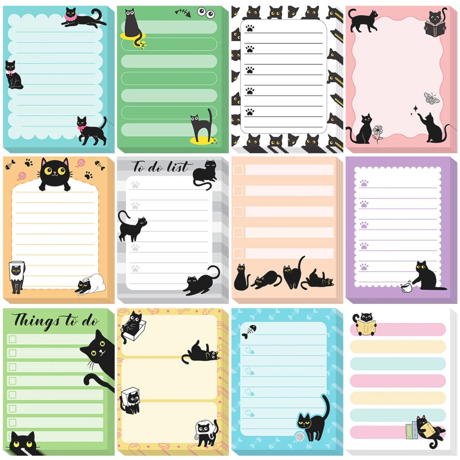 Chiisong 12 Pads Black Cat Sticky Notes, 3" x 4, ", Cat Notepad