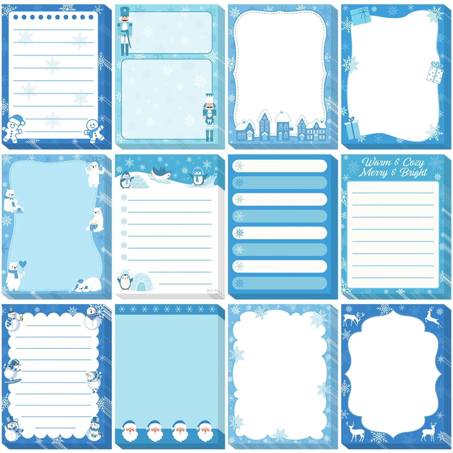 Chiisong 12 Pcs Christmas Sticky Notes Christmas Design Self Adhesive Note Pads Winter Snowflake Sticky Memo Blue Cartoon Snowman Penguin Notepad for Xmas Gift Office Home Supplies Present