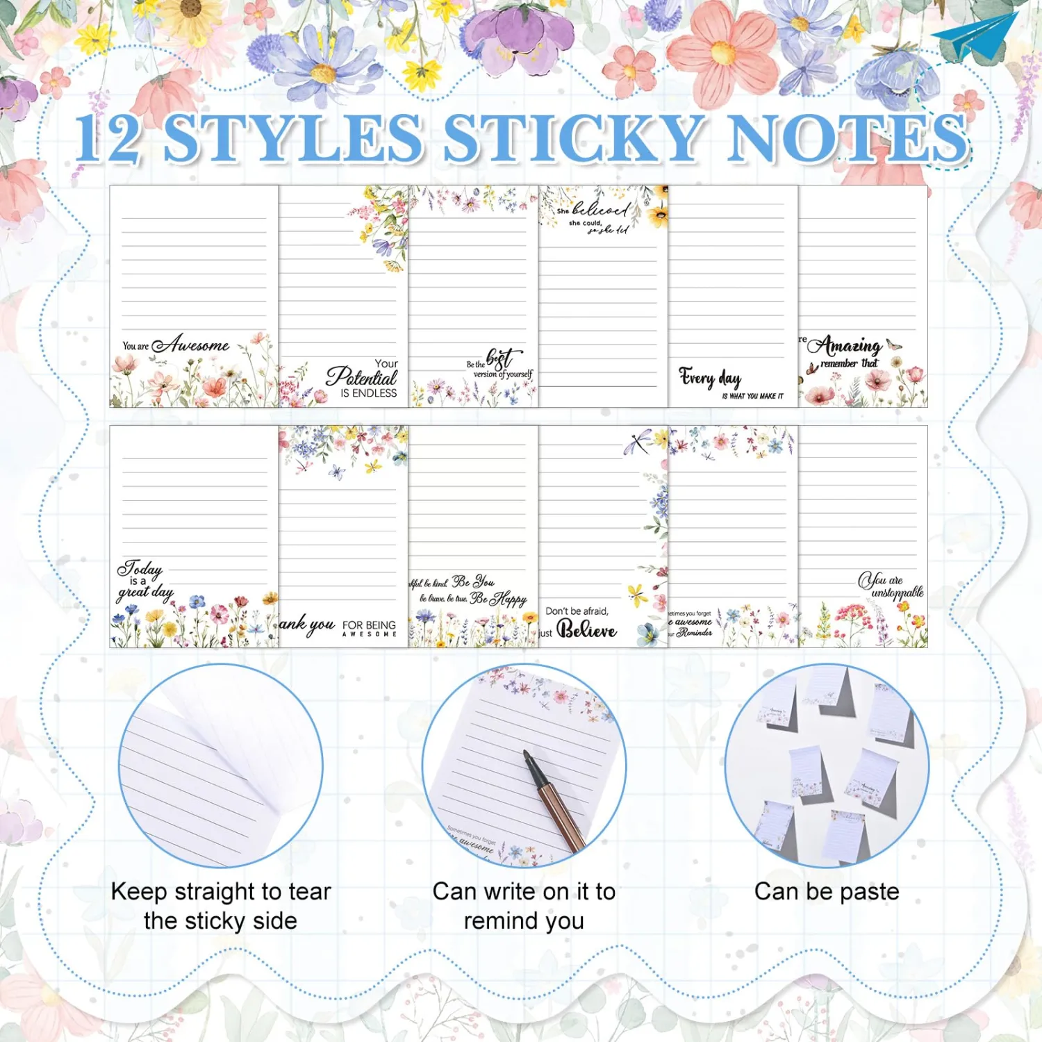 Chiisong 12 Pads Wildflower Sticky Notes Flower Gift