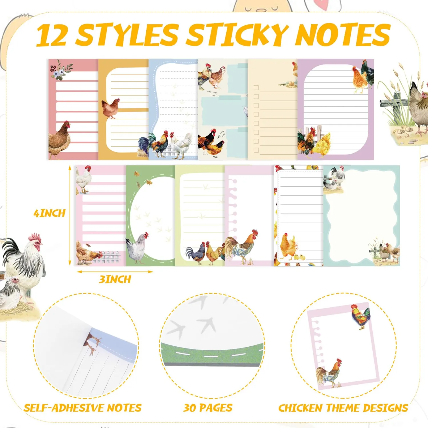 Chiisong 12 Pads Chicken Sticky Notes Cute Sticky Notes Roosters Gifts