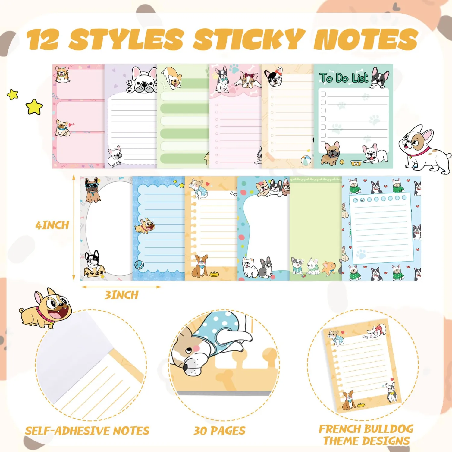 Chiisong 12 Pcs French Dog Sticky Notes Kawaii Notepads