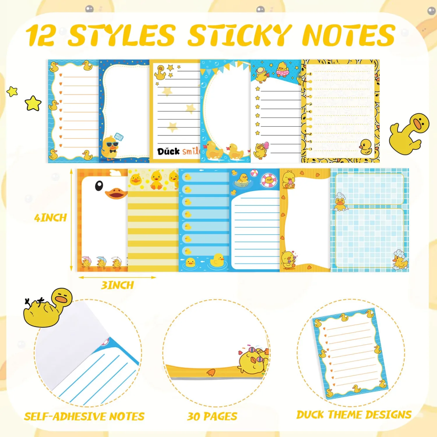 Chiisong 12 Pcs Duck Lovers Sticky Notes Yellow Ducks Self Stick Note Pad