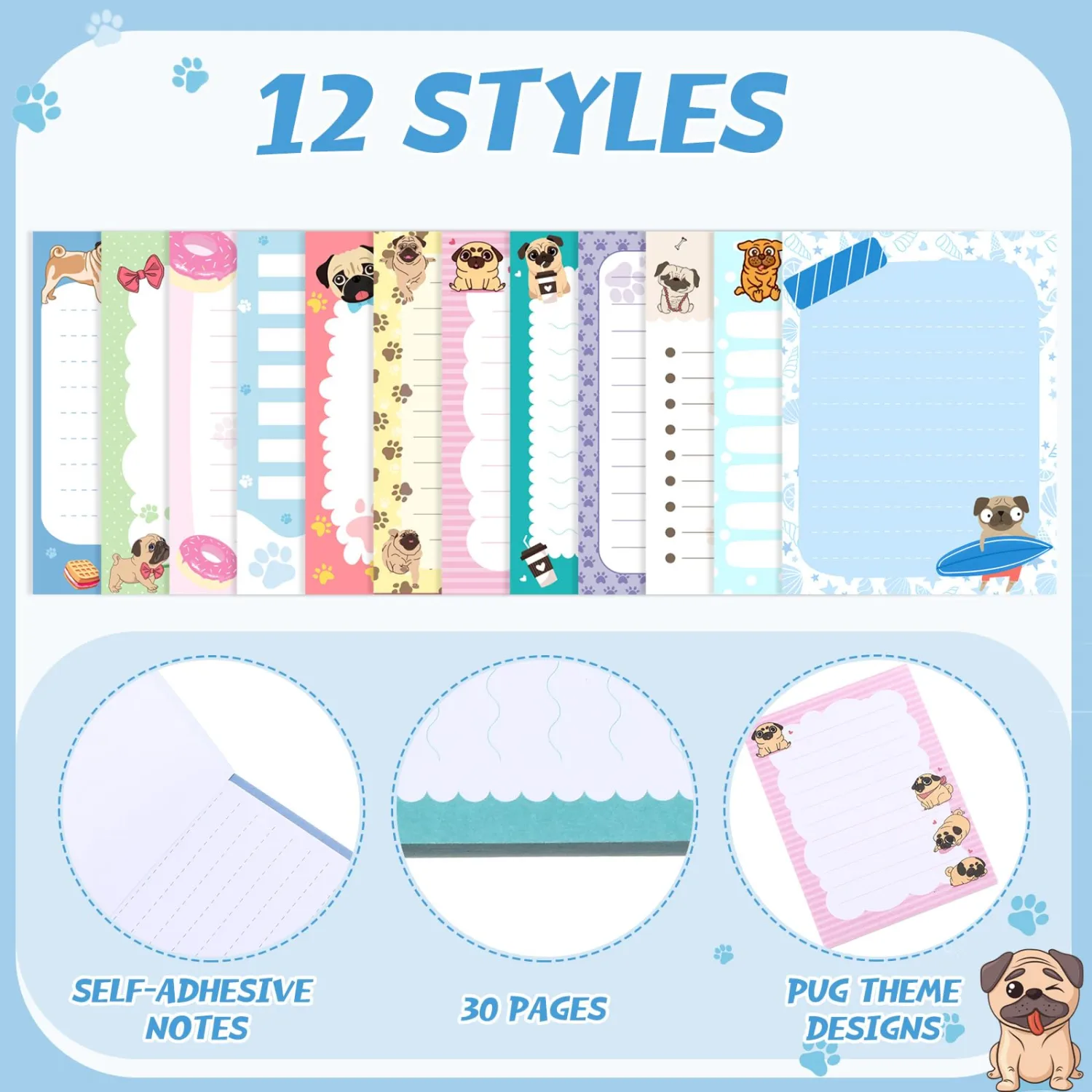 Chiisong 12 Pcs Pug Puppies Sticky to Do List Dog Sticky Notes