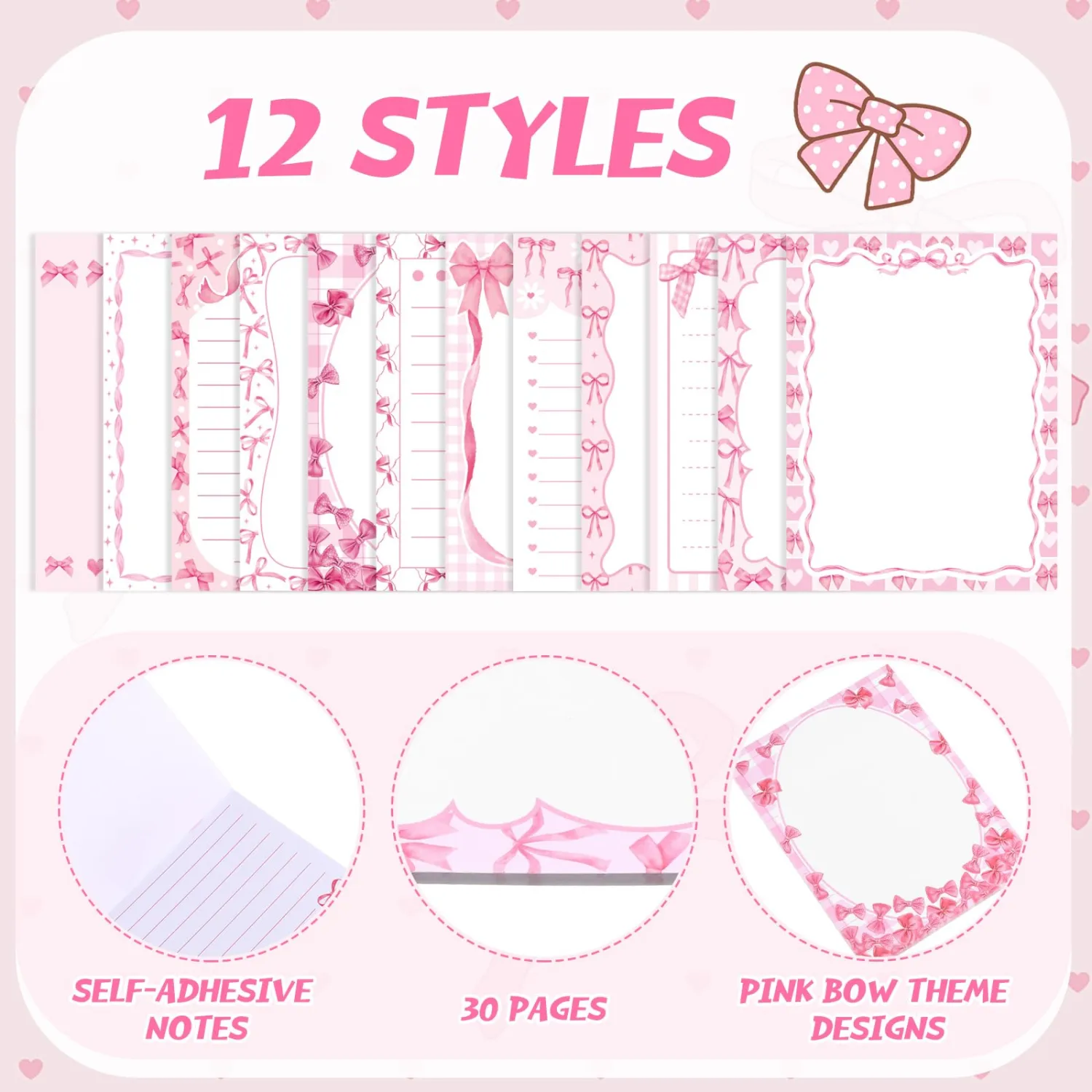 Chiisong 12 Pcs Pink Bow Sticky Notes Cute Coquette Bowknot Notepad