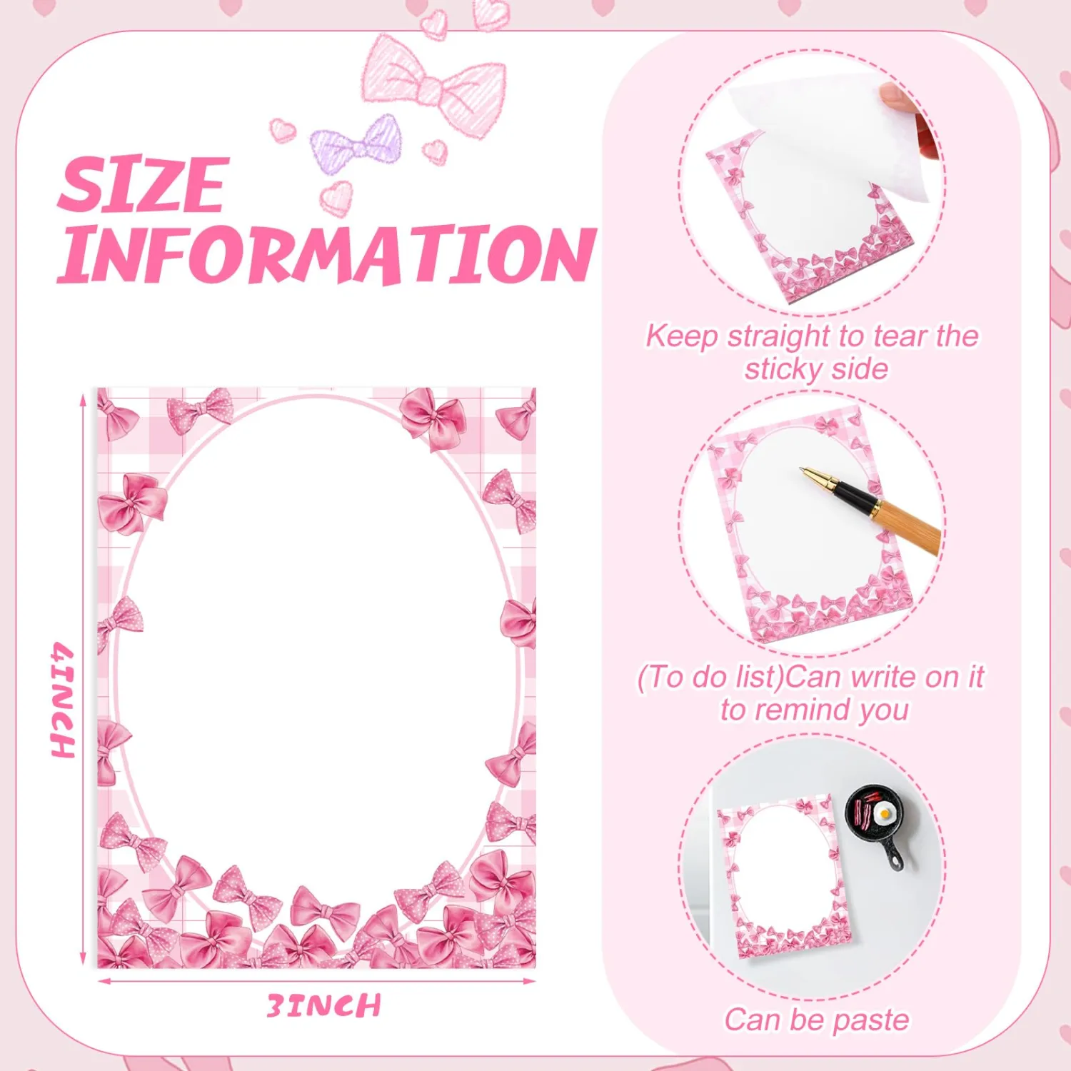 Chiisong 12 Pcs Pink Bow Sticky Notes Cute Coquette Bowknot Notepad
