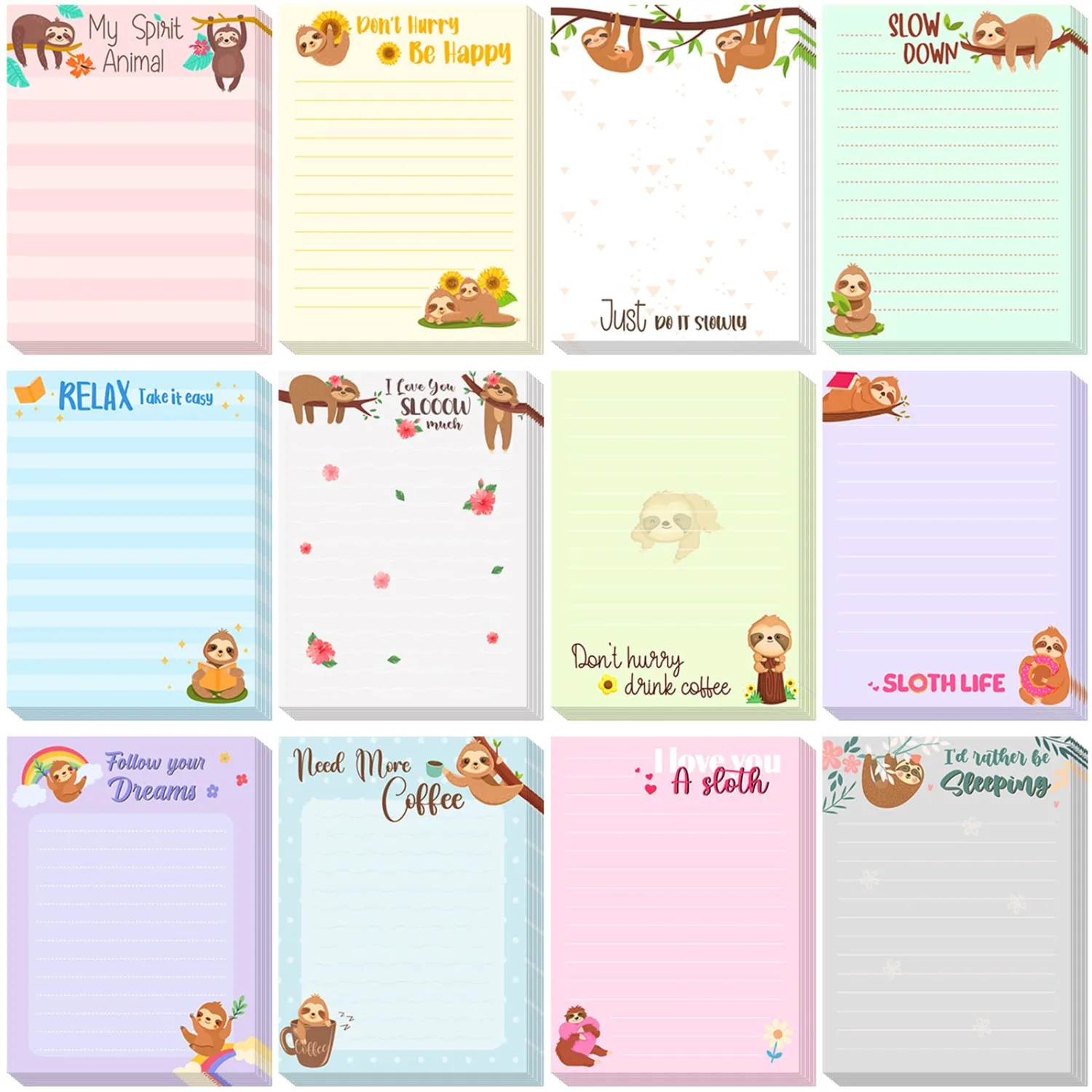 Chiisong 12 Pcs Sloth Sticky Notes Cute Cartoon Sloth Gifts