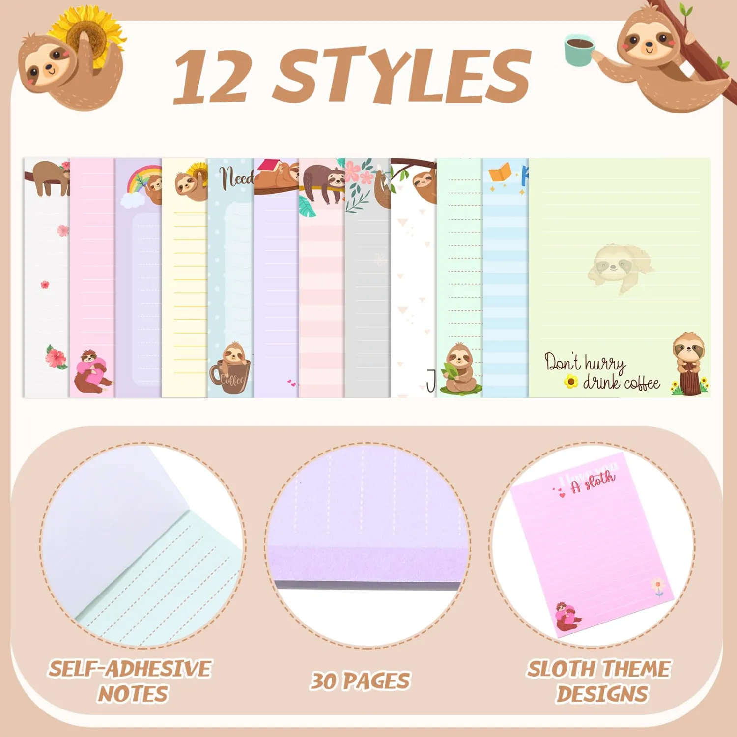 Chiisong 12 Pcs Sloth Sticky Notes Cute Cartoon Sloth Gifts