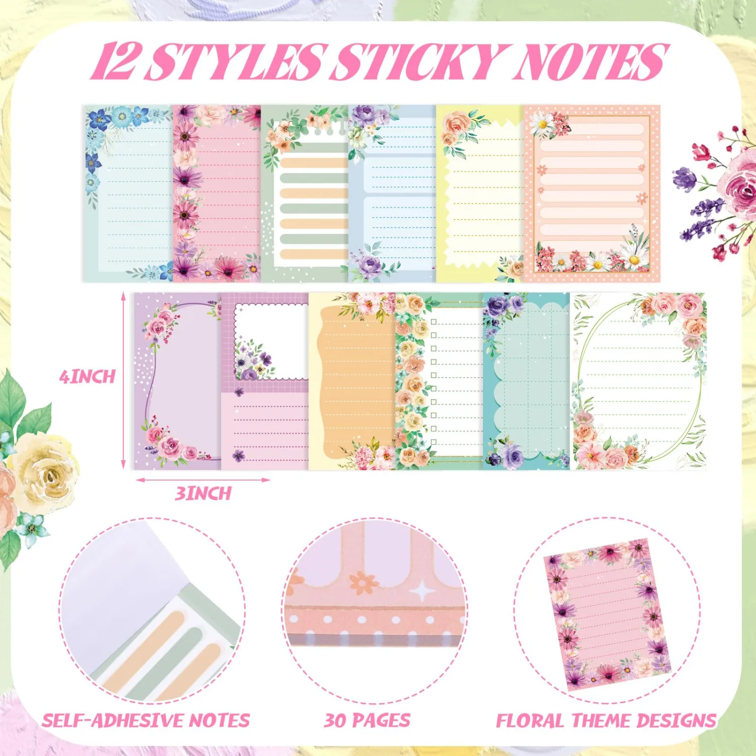 Chiisong 12 Pads Cute Sticky Notes Flower Sticky Notes