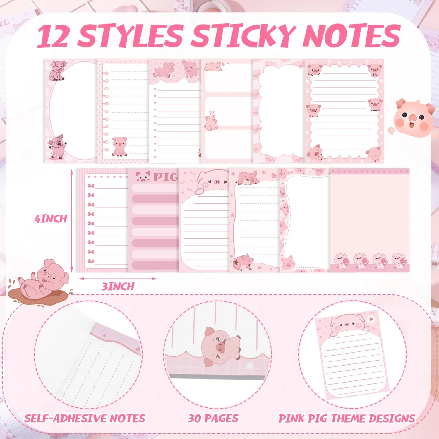 Chiisong 12 Pcs Piggy Sticky Notes 3x4 Inch Cute Self Stick Notepads