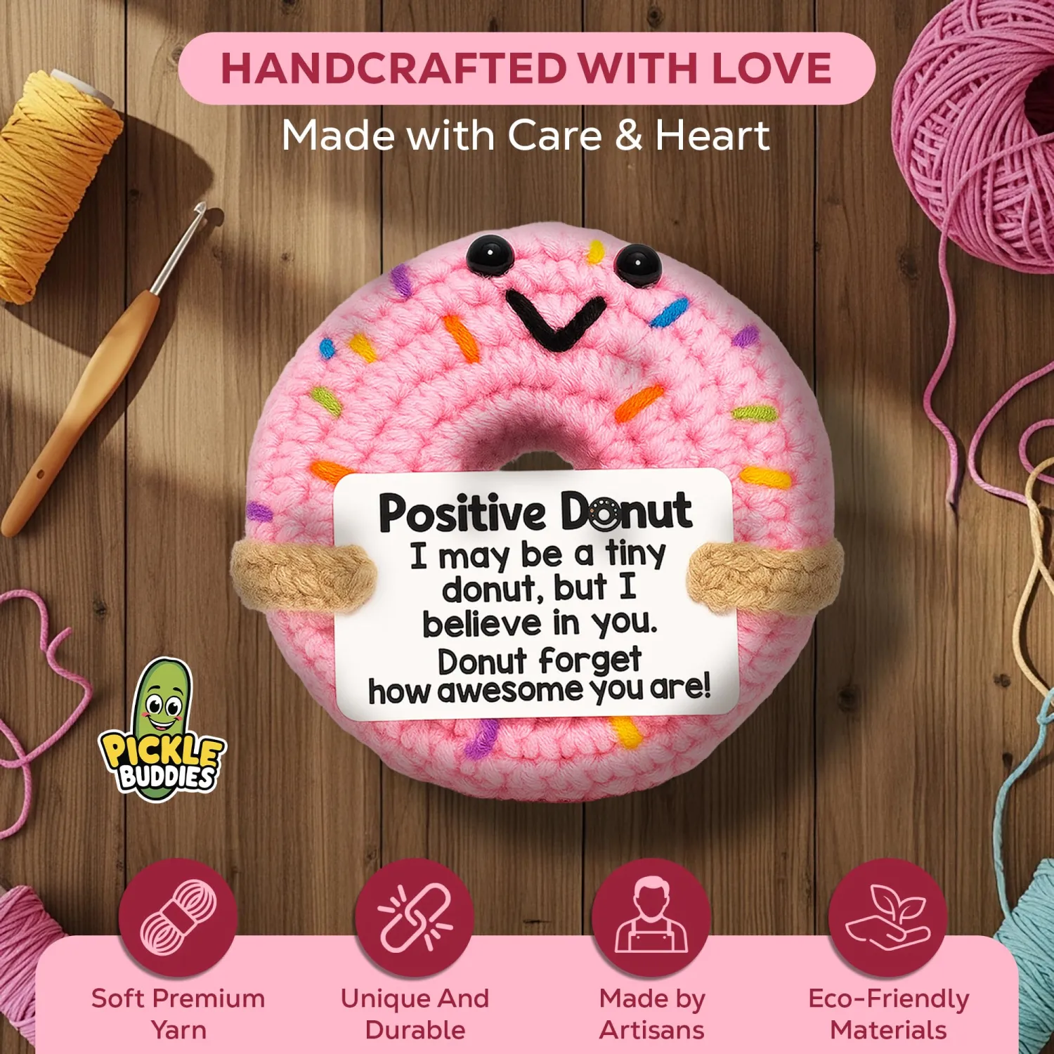 Positive Donut - Handmade Emotional Support Crochet Desk Decor Gifts for Coworker, Friends Family