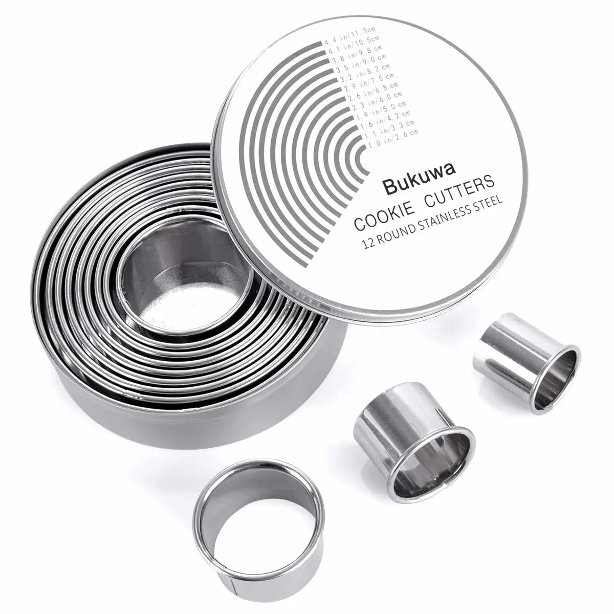 Bukuwa 12 Pcs Round Cookie Biscuit Cutter Set, Graduated Circle Cutters