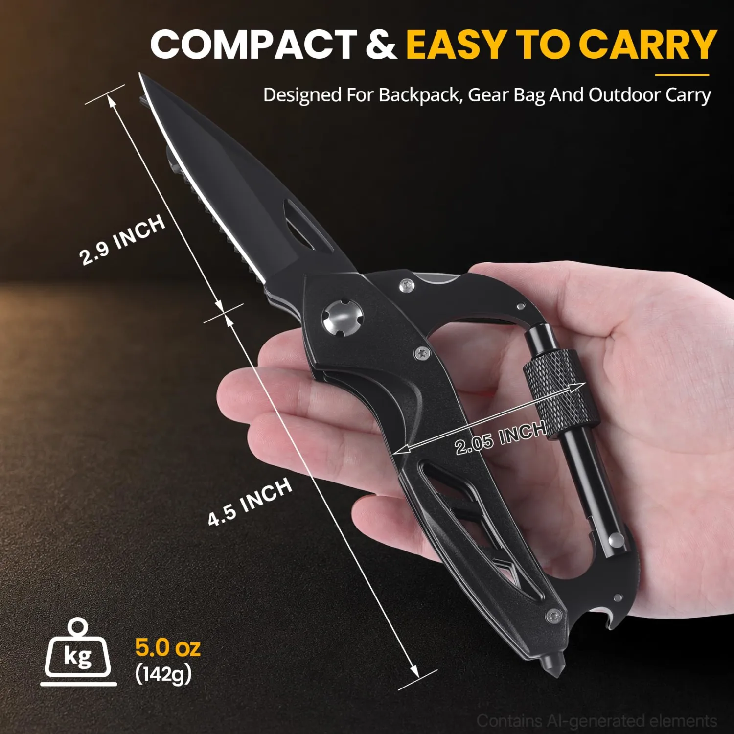 FUNBRO 9-in-1 Manual Carabiner-Style Multitool, Outdoor Tool,Deep Black