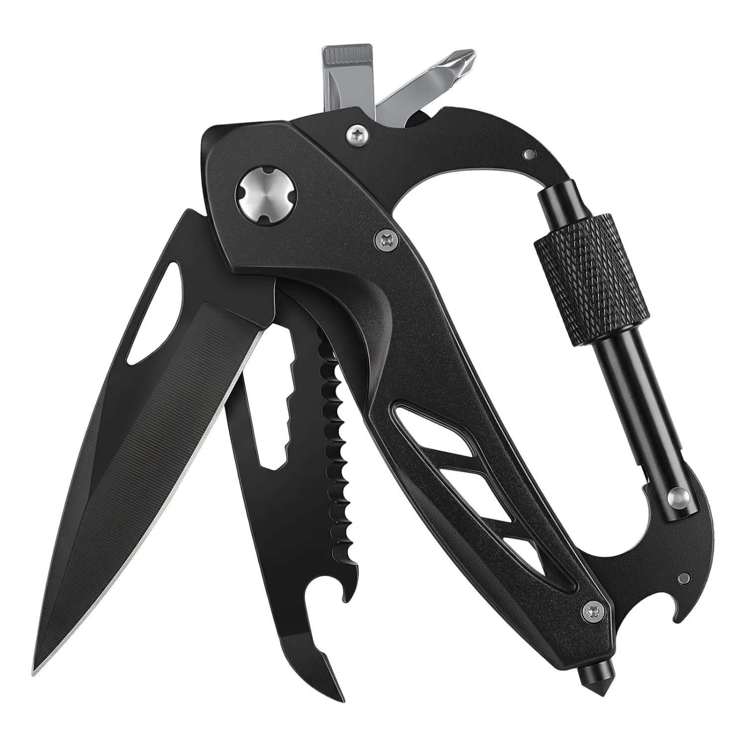 FUNBRO 9-in-1 Manual Carabiner-Style Multitool, Outdoor Tool,Deep Black