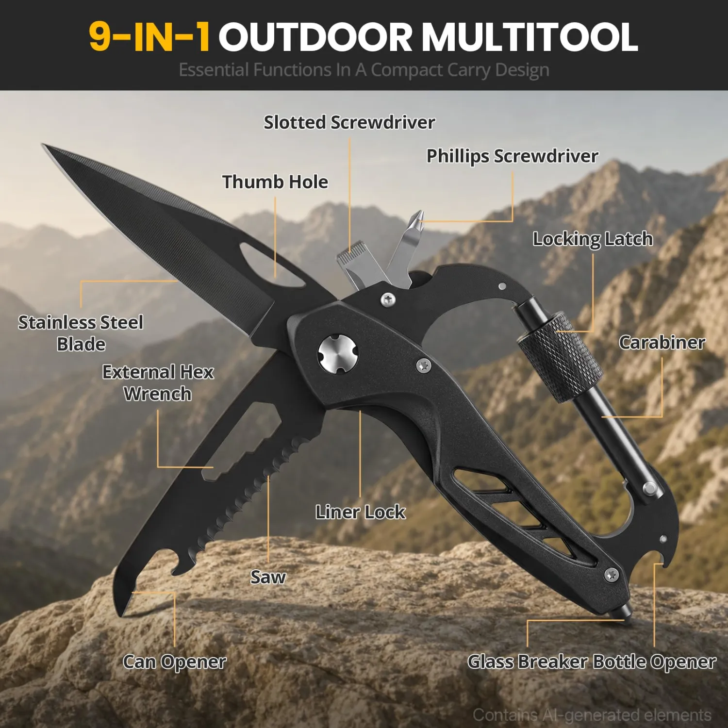 FUNBRO 9-in-1 Manual Carabiner-Style Multitool, Outdoor Tool,Deep Black