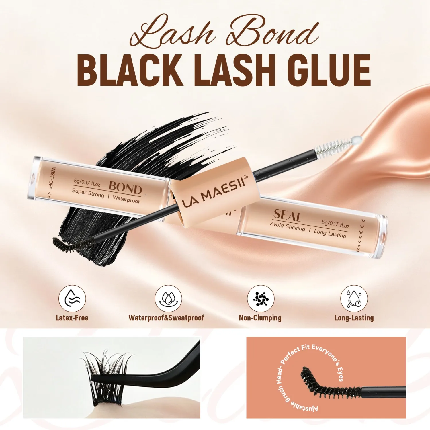 LA MAESII Lash Cluster Glue,2 in 1 Bond and Seal Waterproof,Black Lash Glue