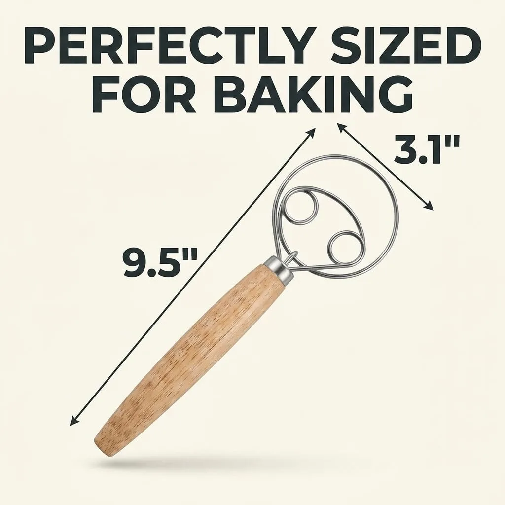 Danish Dough Whisk, 9.5" Stainless Steel Dough Mixer with Wood Handle