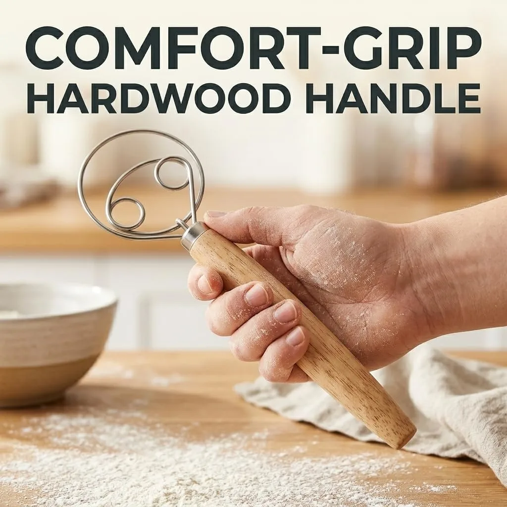 Danish Dough Whisk, 9.5" Stainless Steel Dough Mixer with Wood Handle