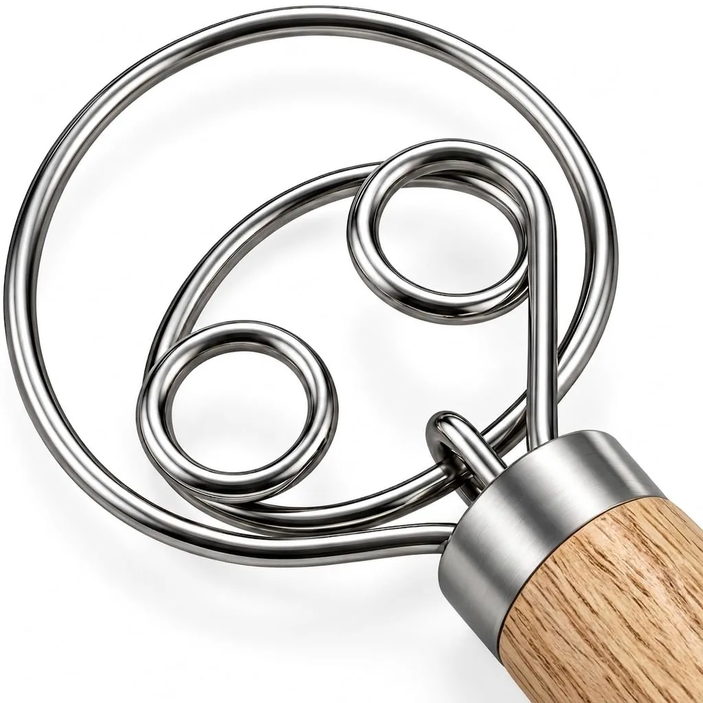 Danish Dough Whisk, 9.5" Stainless Steel Dough Mixer with Wood Handle
