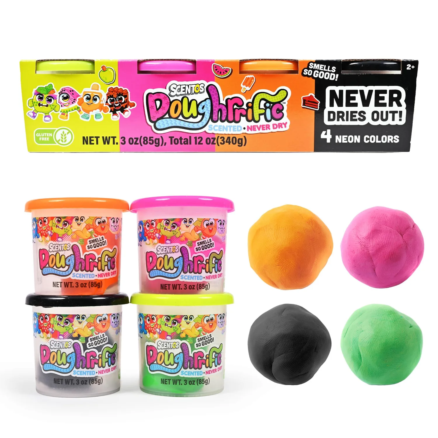 Scentos Doughrrific Scented 4in1 Modelling Dough, 4 neon Colors, 3 oz Cans
