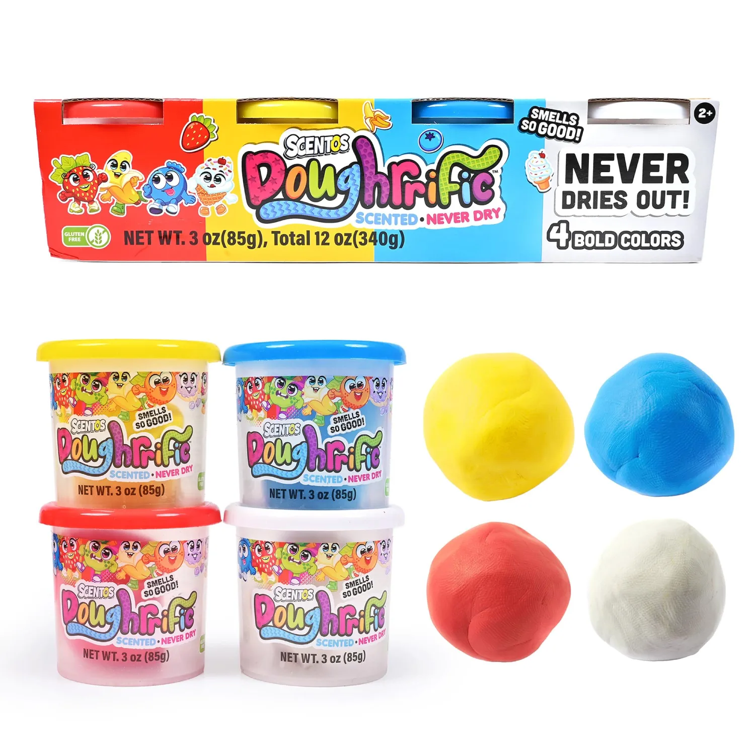 Scentos Doughrrific Scented 4in1 Modelling Dough, 4 Bold Colors, 3 oz Cans
