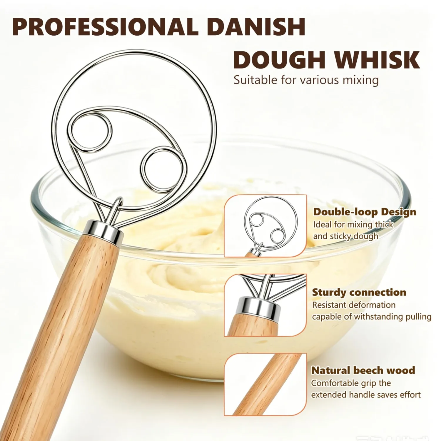 13-Inch Danish Dough Whisk Set, Sourdough Tools for Bread Making