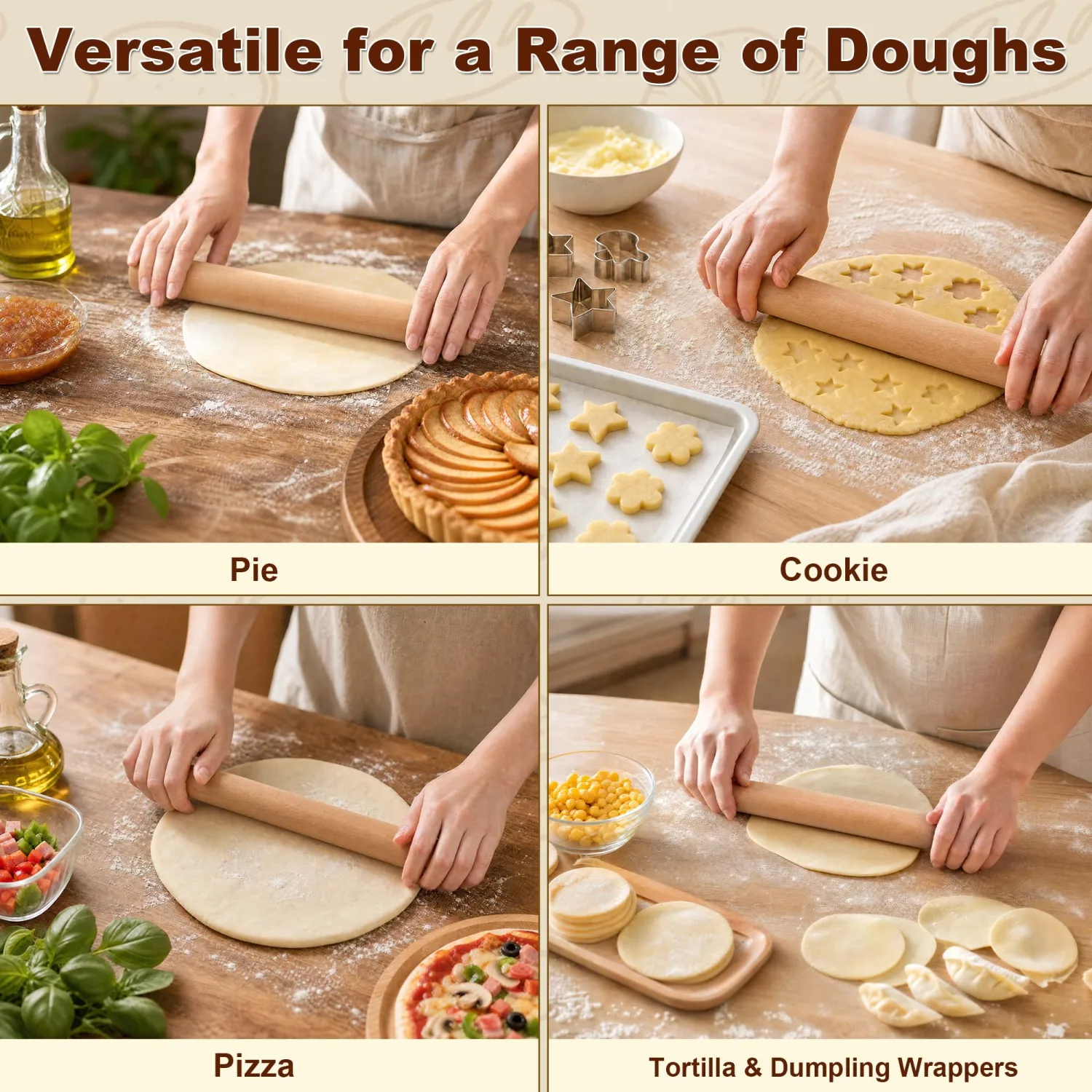 11.8 Inch Beech Wood Rolling Pin, Dough Roller for Baking