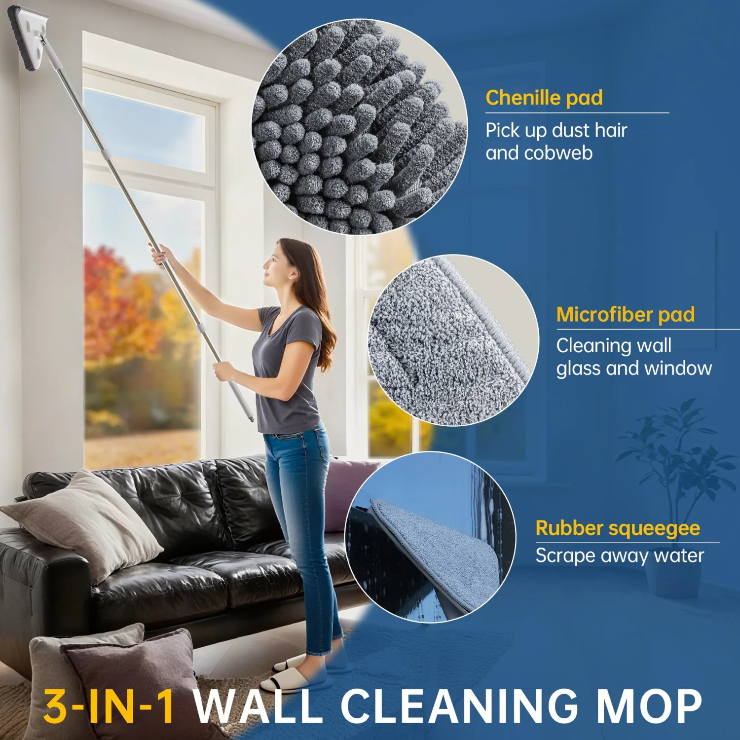 Wall Cleaner Mop with Long Handle, Dust Mop with 6 Reusable Pads