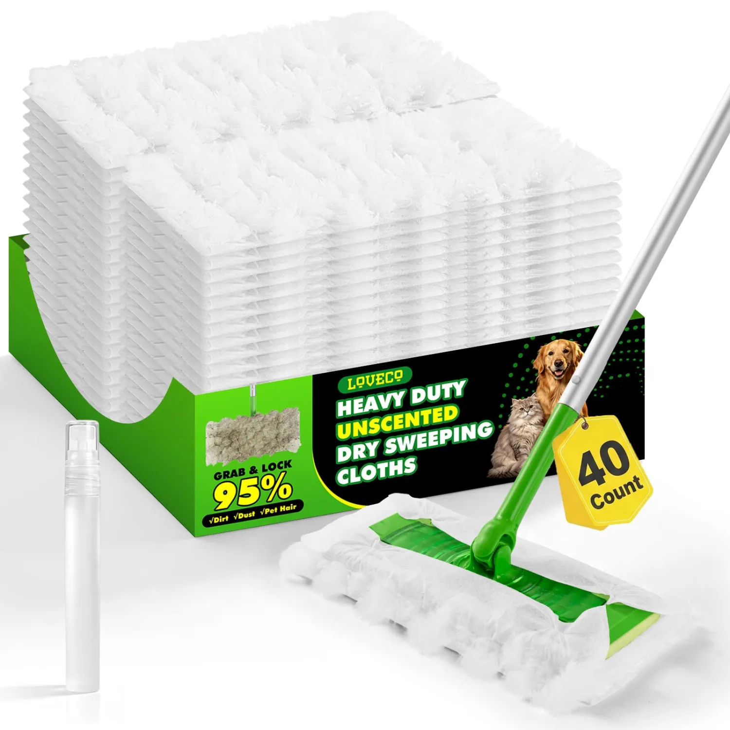 LOVECO Heavy Duty Dry Cloths for Swiffer Sweeper Mop, Pet Dry Pads Refills