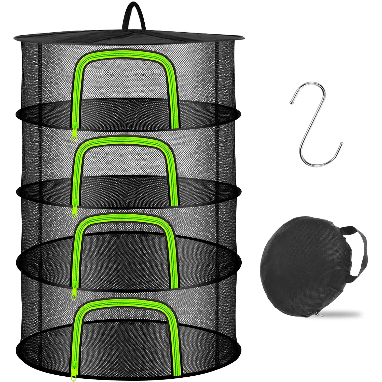 Coopache 4 Layer Herb Drying Rack Hanging Mesh Plant Dry Net Basket for Herbs Plants Flower Vegetables Spices Fish Food with Green Zippers