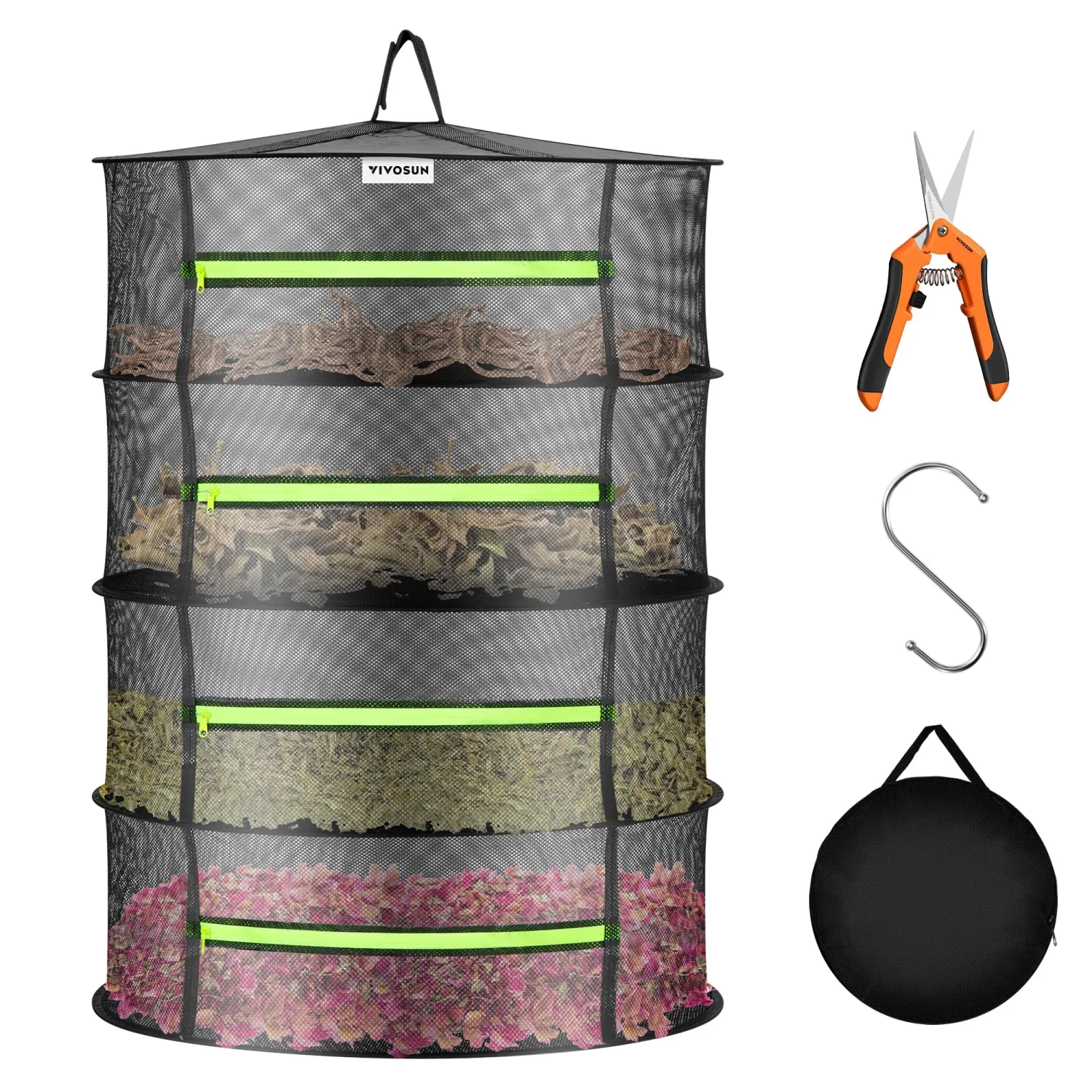 VIVOSUN 4-Layer Mesh Drying Rack Hanging Design with Green Zippers for Dehydrating, Indoor and Outdoor Pruning Shears Included