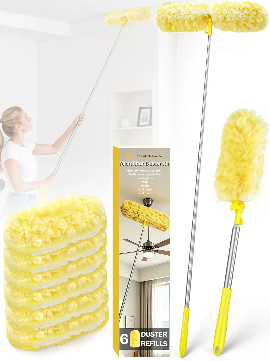 6ft Extended Handle Duster with 6 Refills for Swiffer Dusters