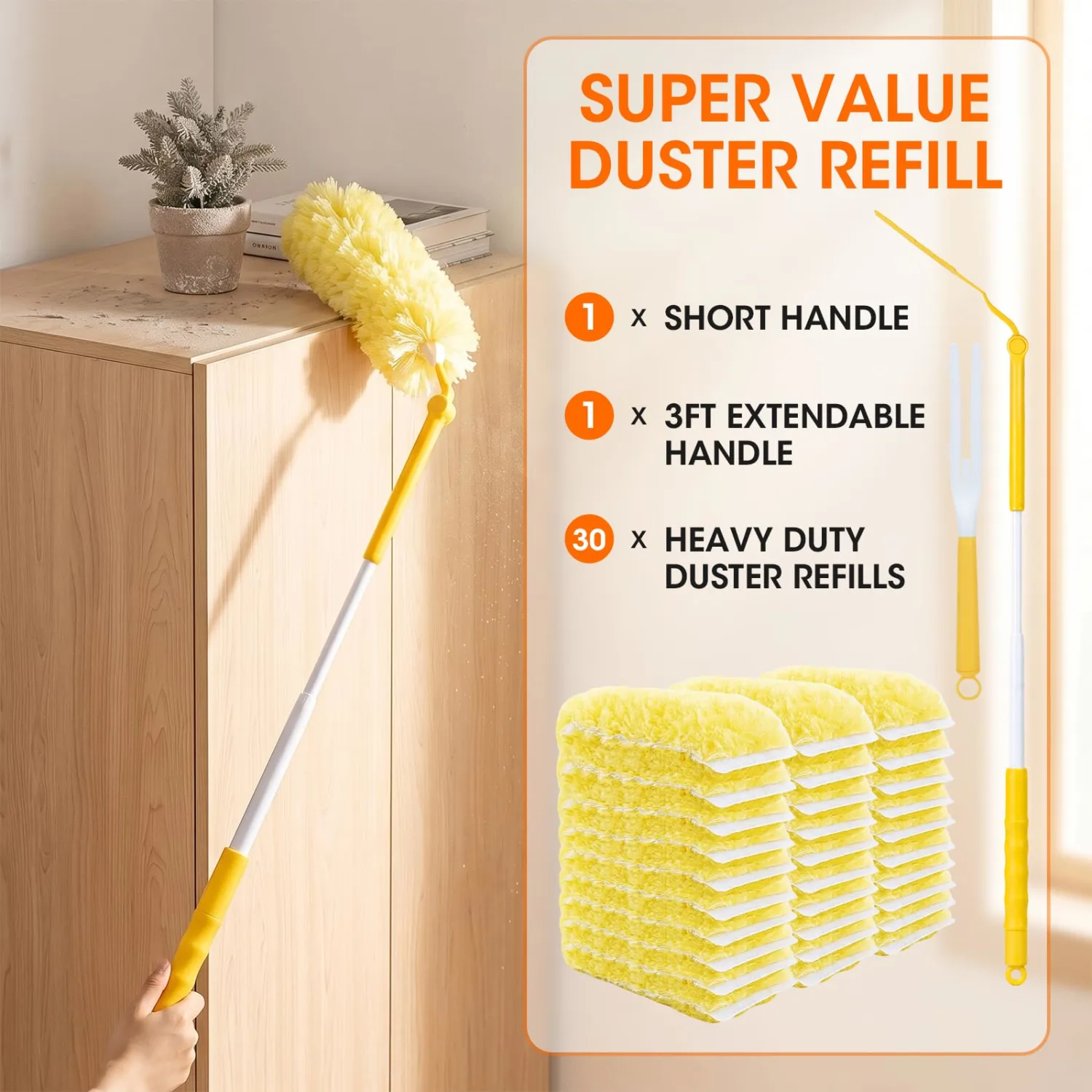 30 Count Heavy Duty Duster Refills for Swiffer,1 Short Handle+3 FT Extendable Handle,Multisurface 360 Dusters kit，Microfibre Dusters for Cleaning Home,Ceiling Fans, Blinds, Corners (30, Yellow)