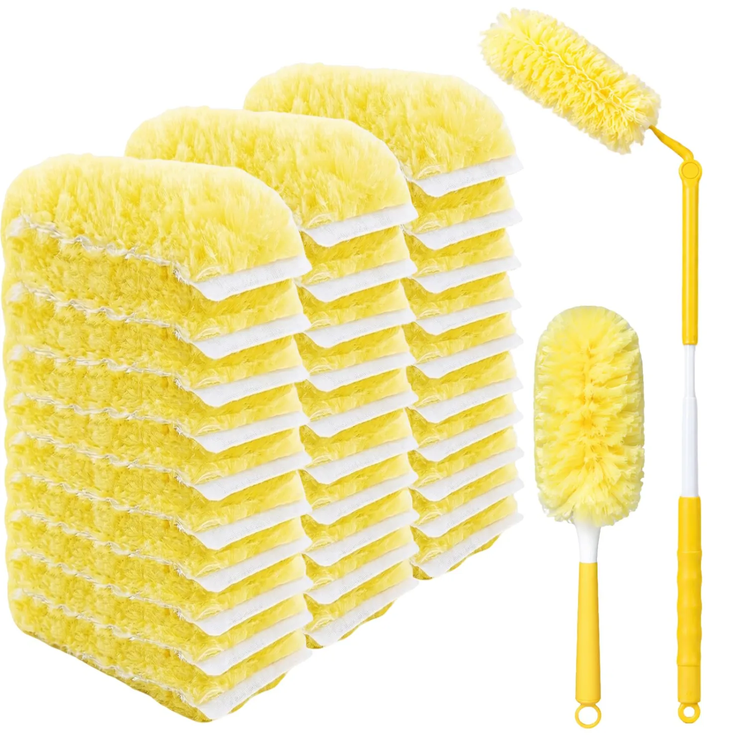 30 Count Heavy Duty Duster Refills for Swiffer,1 Short Handle+3 FT Extendable Handle,Multisurface 360 Dusters kit，Microfibre Dusters for Cleaning Home,Ceiling Fans, Blinds, Corners (30, Yellow)
