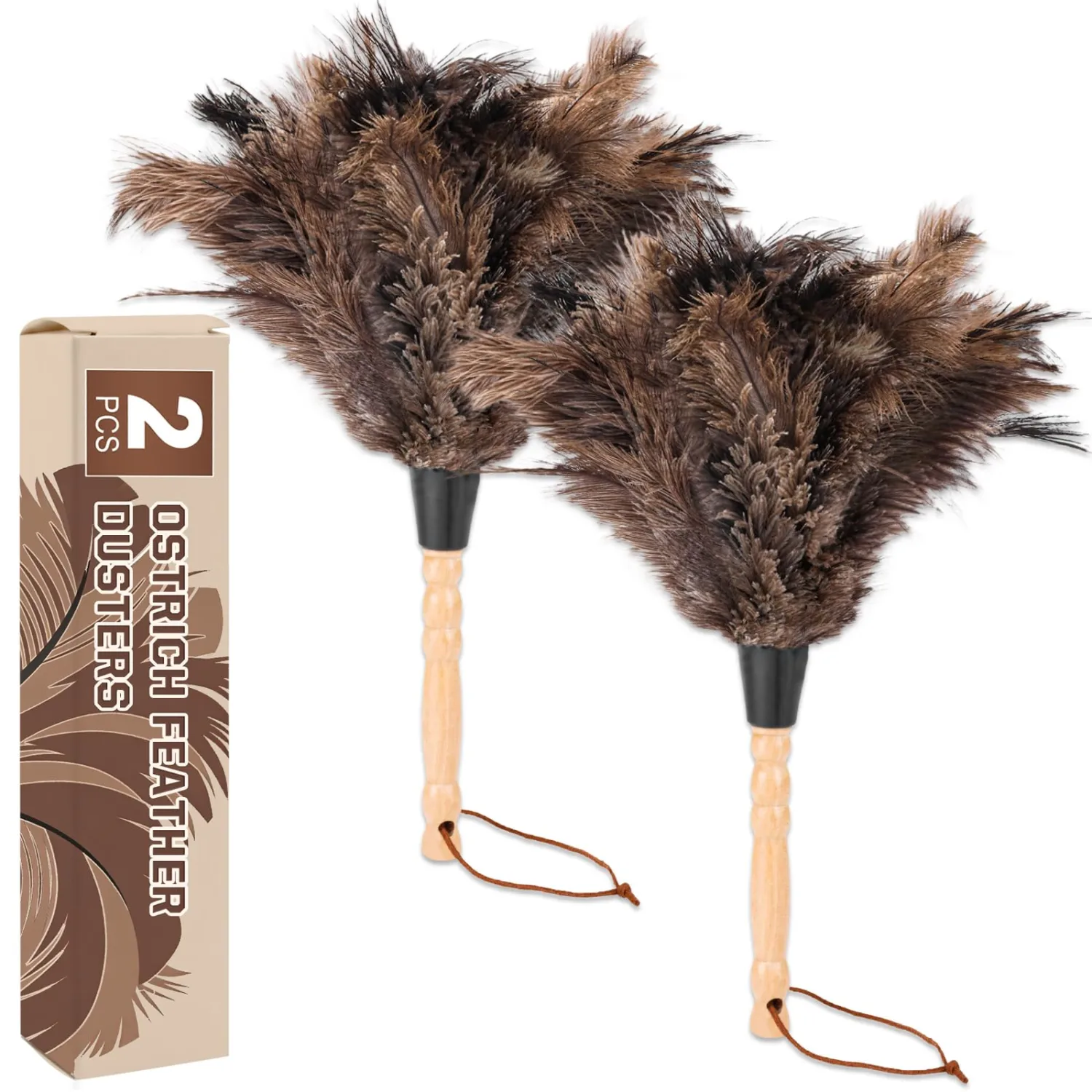 Ostrich Feather Dusters with Wood Handle，Reusable Feather Duster, Ostrich Feather Dusters for Cleaning, Home, Office, Car(Length13”,2pcs)