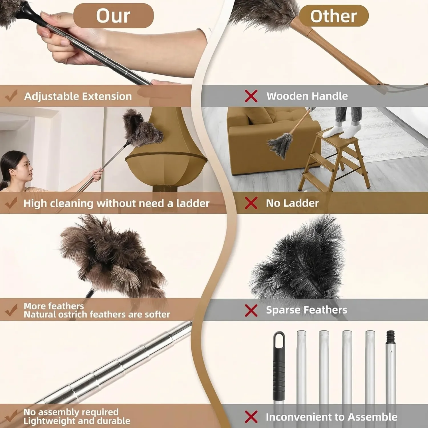 Extendable Ostrich Feather Duster, 26-79 in, for Ceilings and Fans