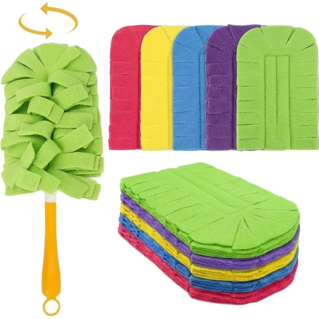 Reusable Duster Refills, 5 Pack 360° Cleaning Pads, Washable Duster Pads with 1 Handle, Compatible with Standard & Extendable Poles, Fleece Dusters for Wet & Dry Cleaning