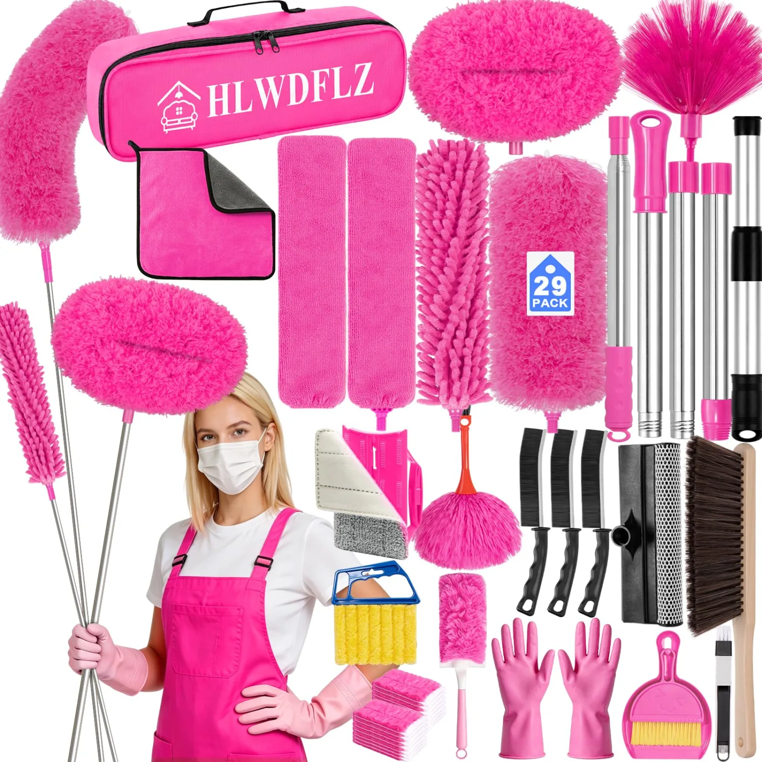29pcs Microfiber Duster Kit with 100" Extension Pole & Bag, Pink