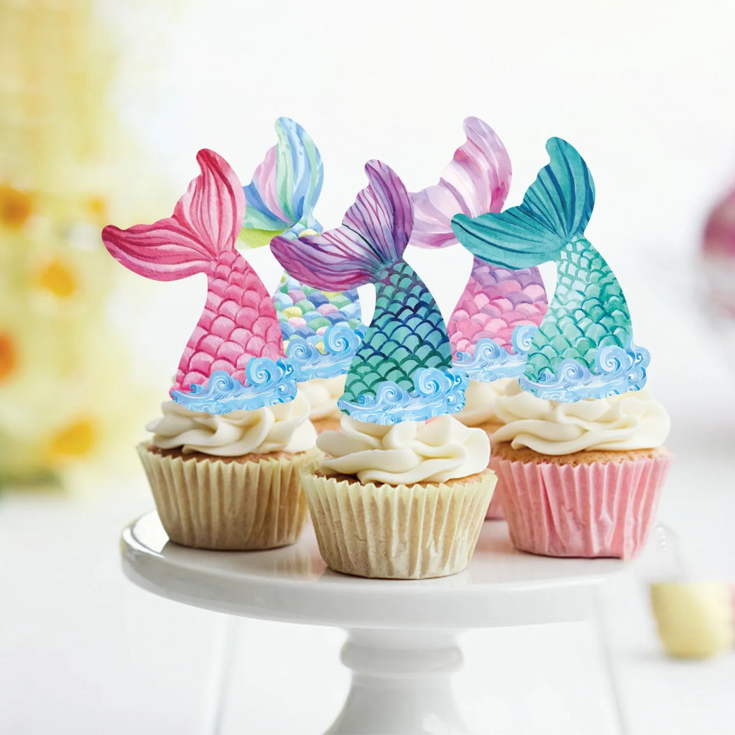 48Pcs Edible Mermaid Tail Cupcake Toppers Wafer Paper Mermaid theme Birthday Party Baby Showers Party Decoration
