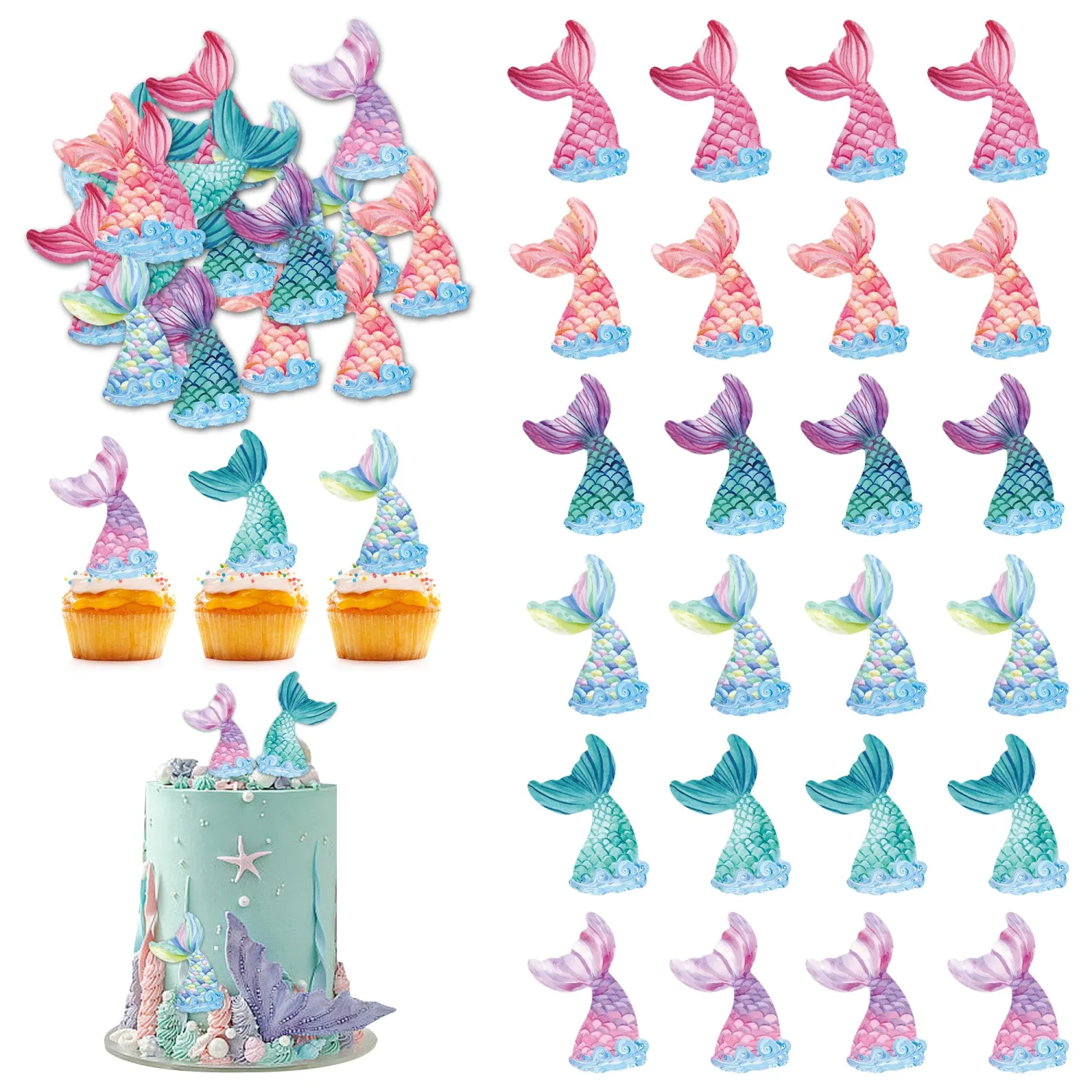 48Pcs Edible Mermaid Tail Cupcake Toppers Wafer Paper Mermaid theme Birthday Party Baby Showers Party Decoration