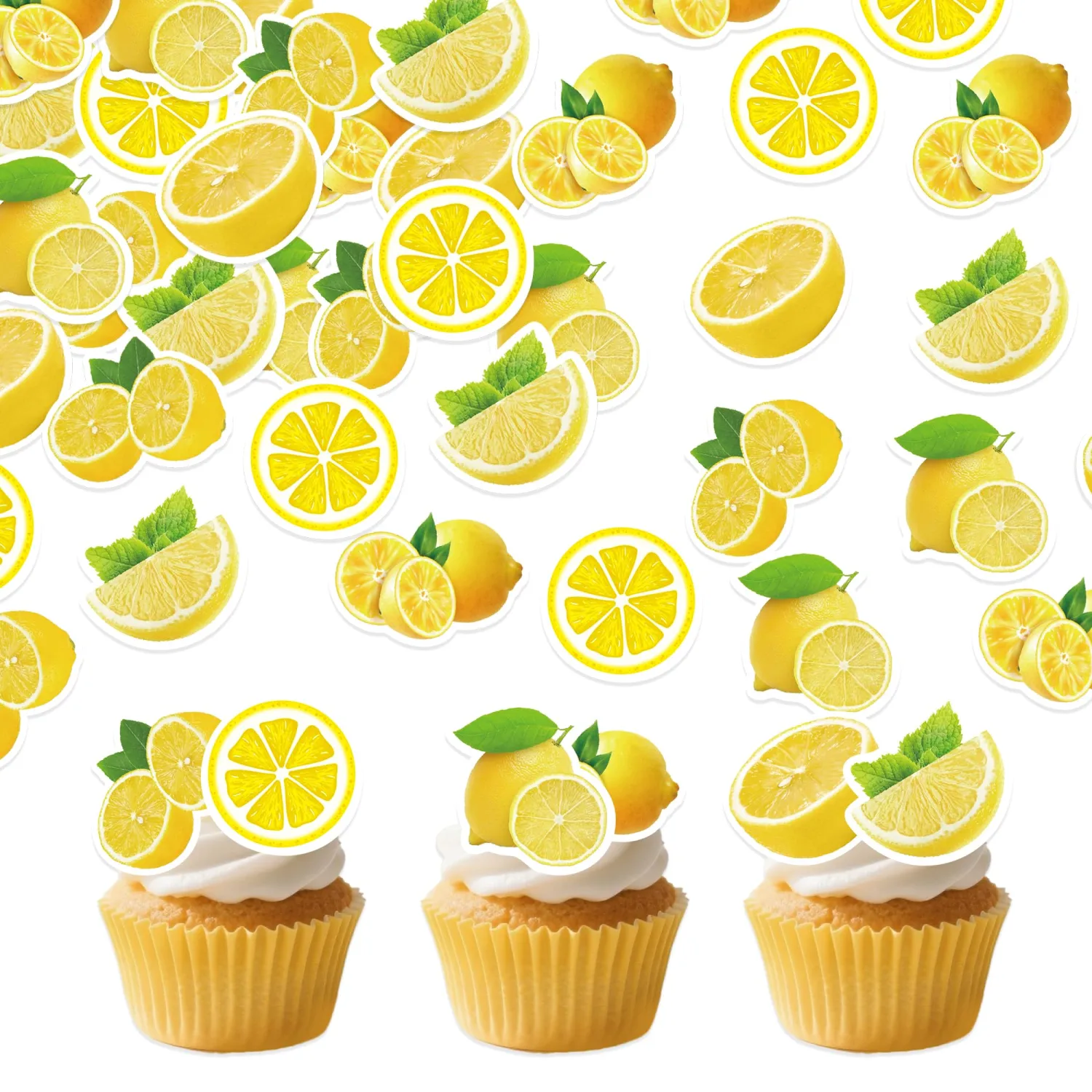 72Pcs Edible Lemon Cupcake Toppers Fruits Theme Party Decorations Lemonade Theme Cupcake Toppers for Summer Fruit Theme Theme Party Wedding Bridal Shower Supplies