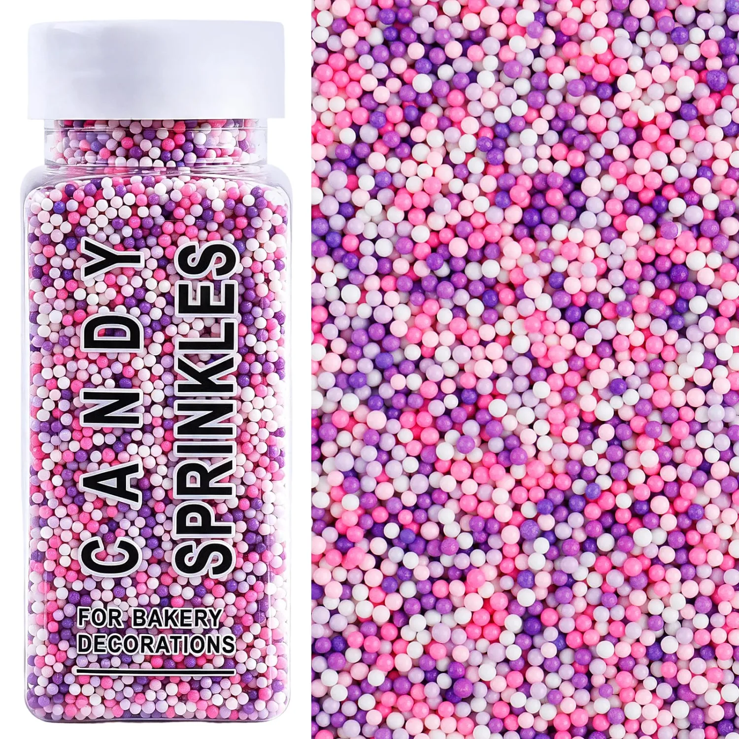 Purple White Pink Nonpareils Sprinkles, 2mm Edible Pearls, Mini Dots, 4.6oz