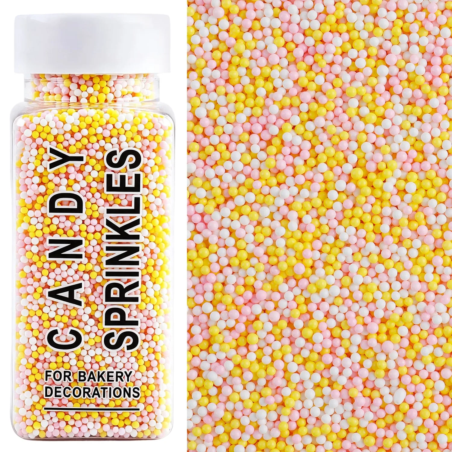 Pink Yellow Nonpareils Sprinkles, 2mm Edible Pearls, Mini Dots, 4.6oz