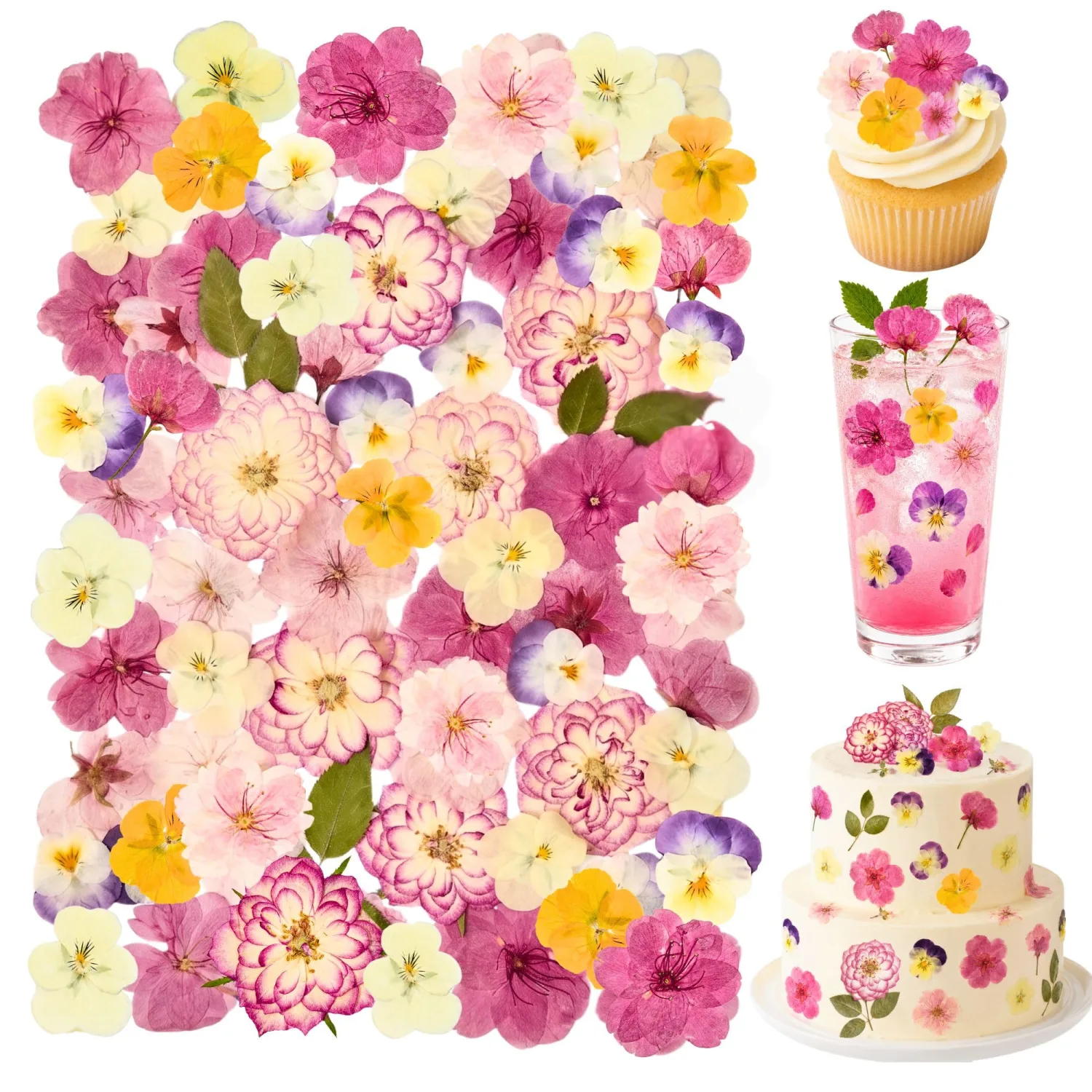 70 Pcs Pink Edible Flowers for Cakes, Dried Edible Pressed Flowers