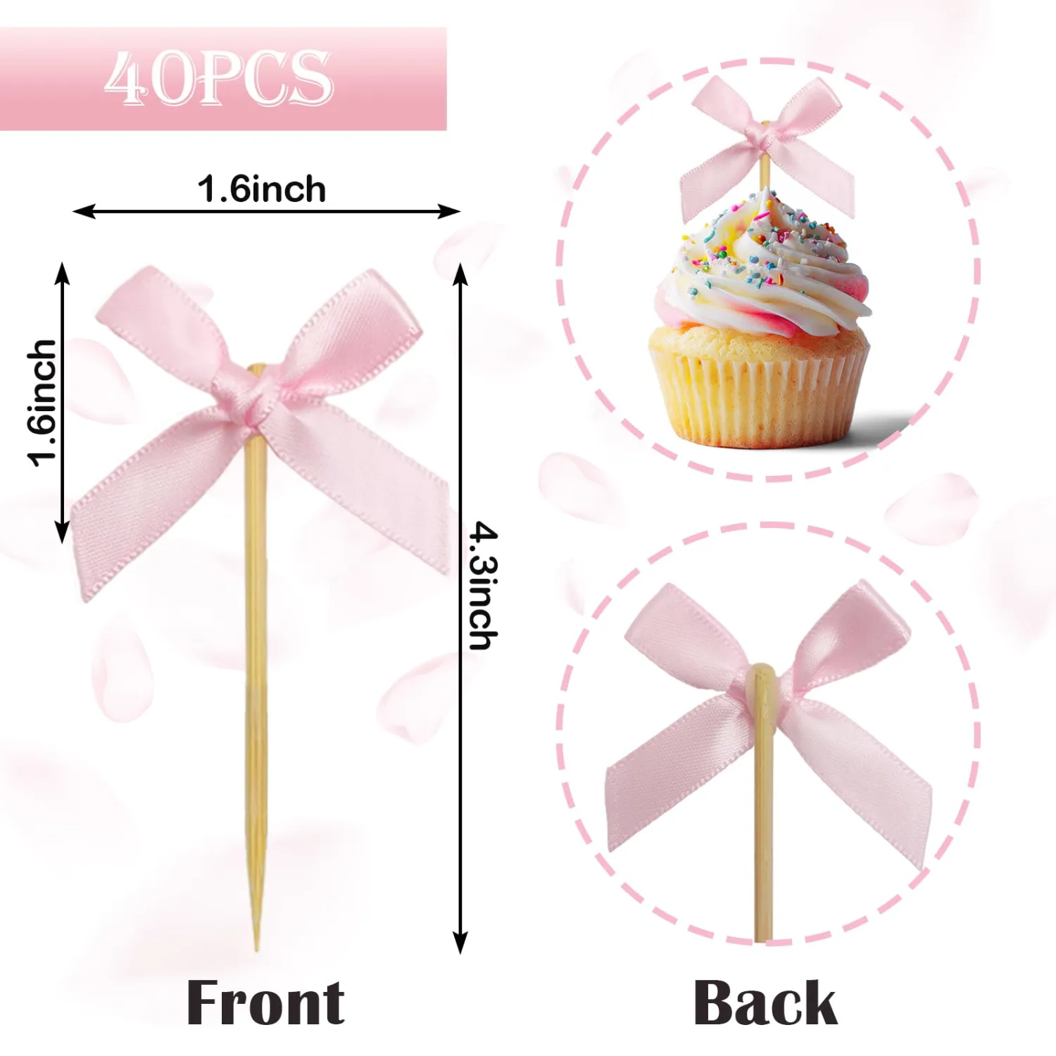 40Pcs Pink Bow Cupcake Toppers,Bow Cake Toppers for Pink Themed Birthday Party Decorations,Baby Shower and Wedding