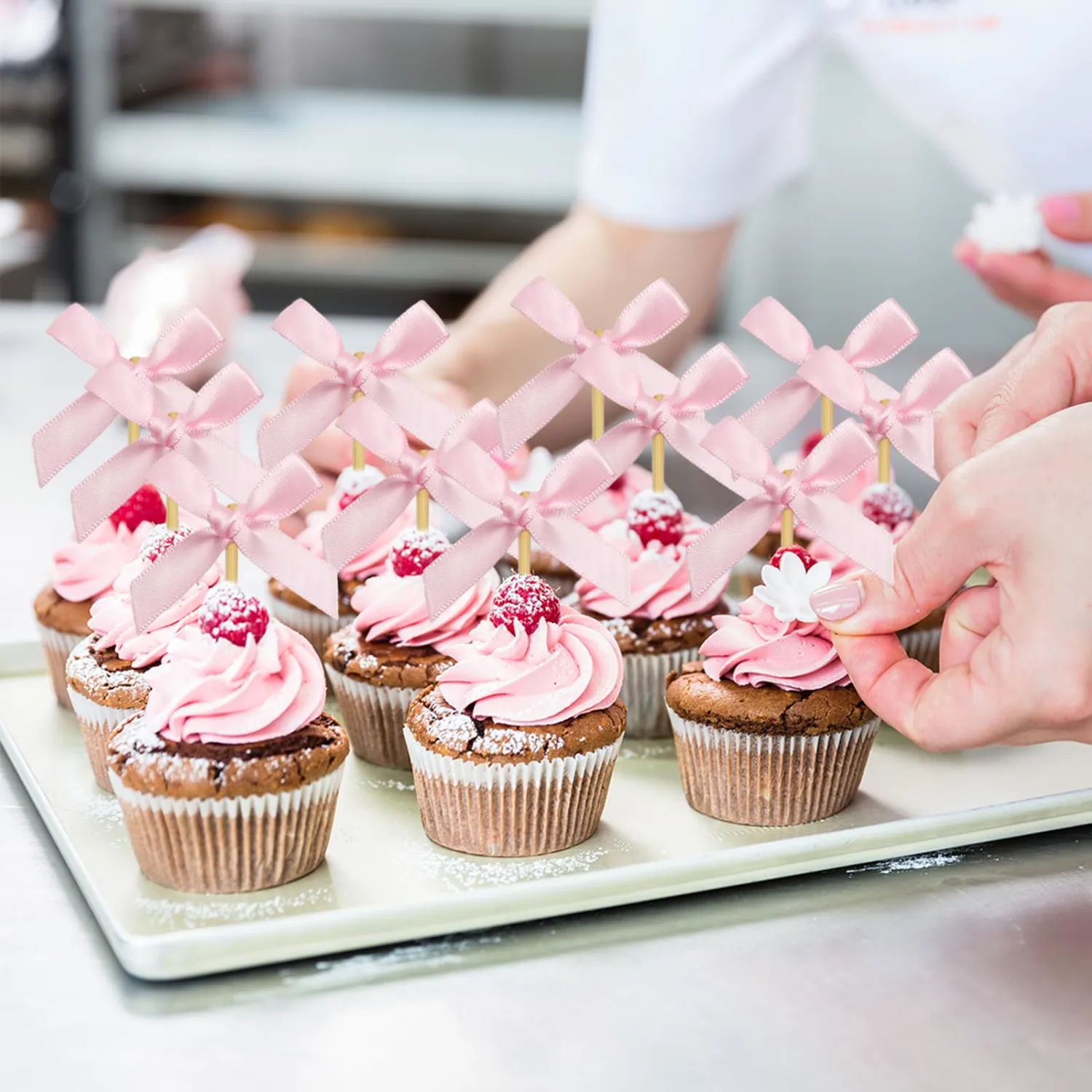40Pcs Pink Bow Cupcake Toppers,Bow Cake Toppers for Pink Themed Birthday Party Decorations,Baby Shower and Wedding