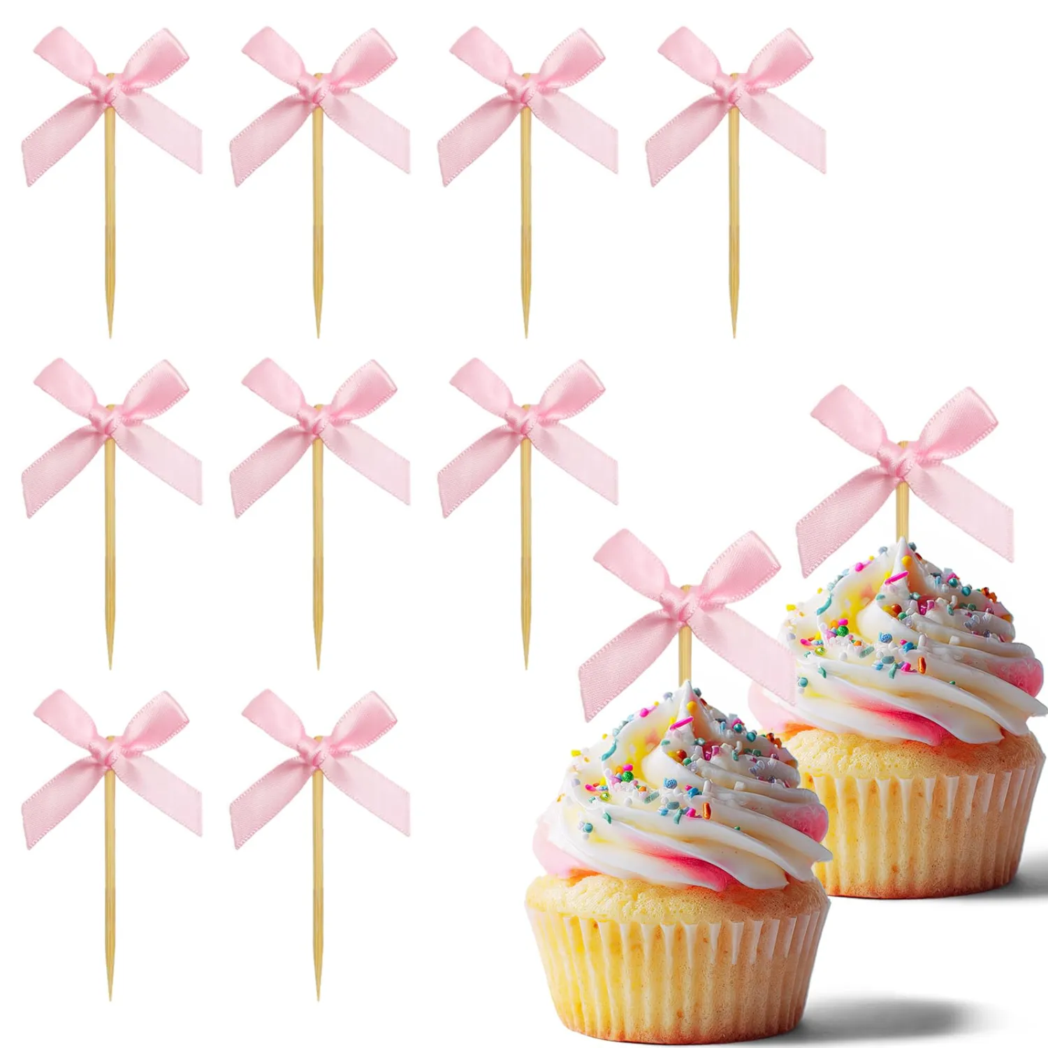 40Pcs Pink Bow Cupcake Toppers,Bow Cake Toppers for Pink Themed Birthday Party Decorations,Baby Shower and Wedding