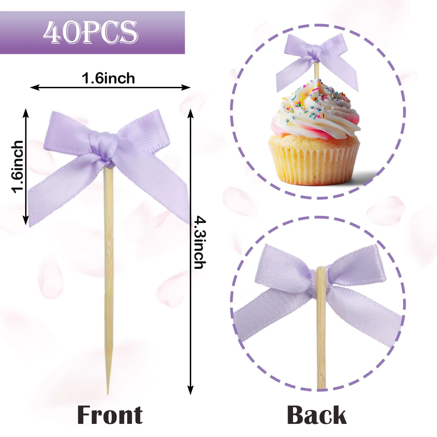 40Pcs Purple Bow Cupcake Toppers,Bow Cake Toppers for Purple Themed Birthday Party Decorations,Baby Shower and Wedding