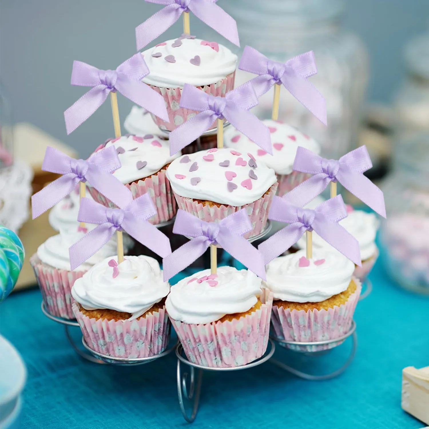 40Pcs Purple Bow Cupcake Toppers,Bow Cake Toppers for Purple Themed Birthday Party Decorations,Baby Shower and Wedding