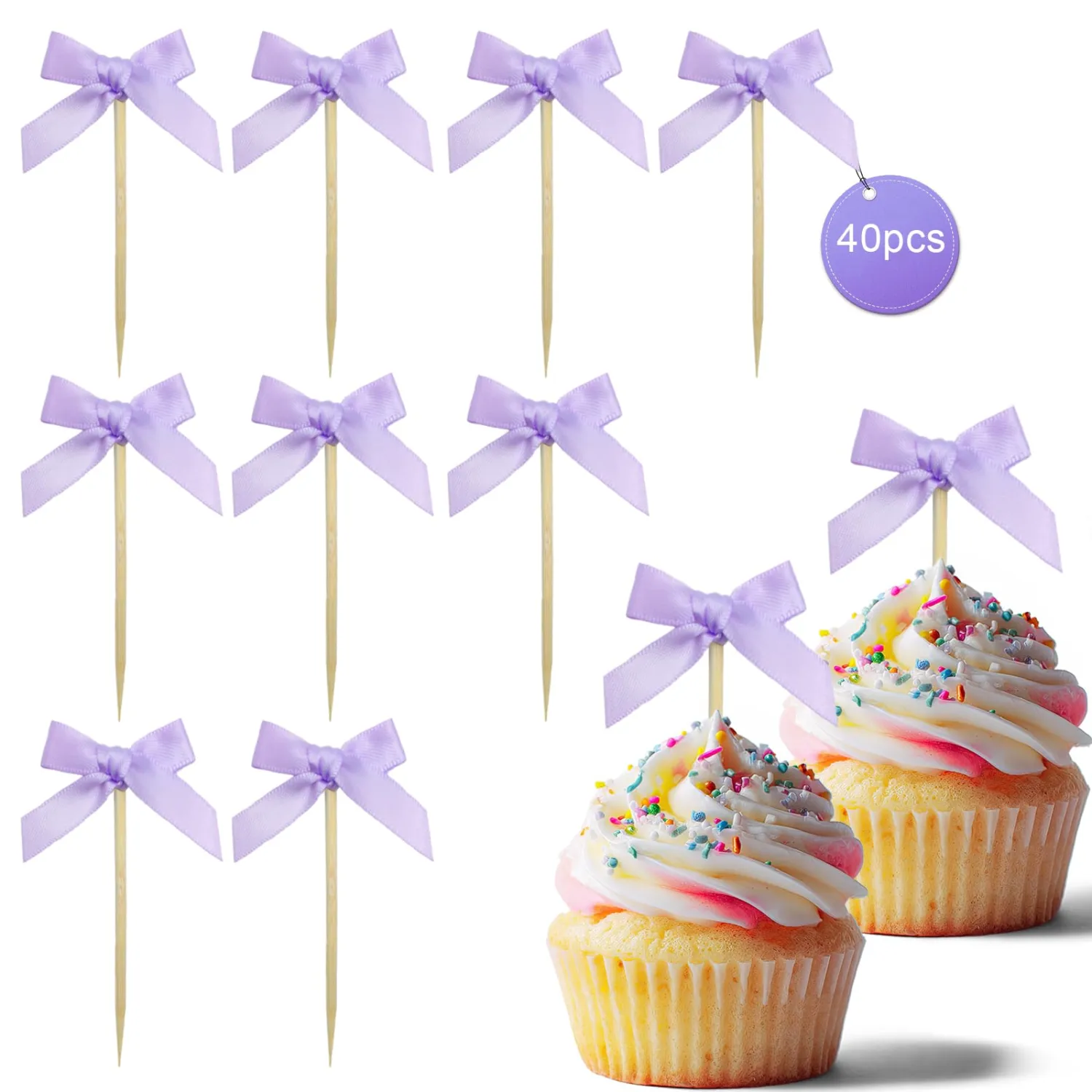 40Pcs Purple Bow Cupcake Toppers,Bow Cake Toppers for Purple Themed Birthday Party Decorations,Baby Shower and Wedding
